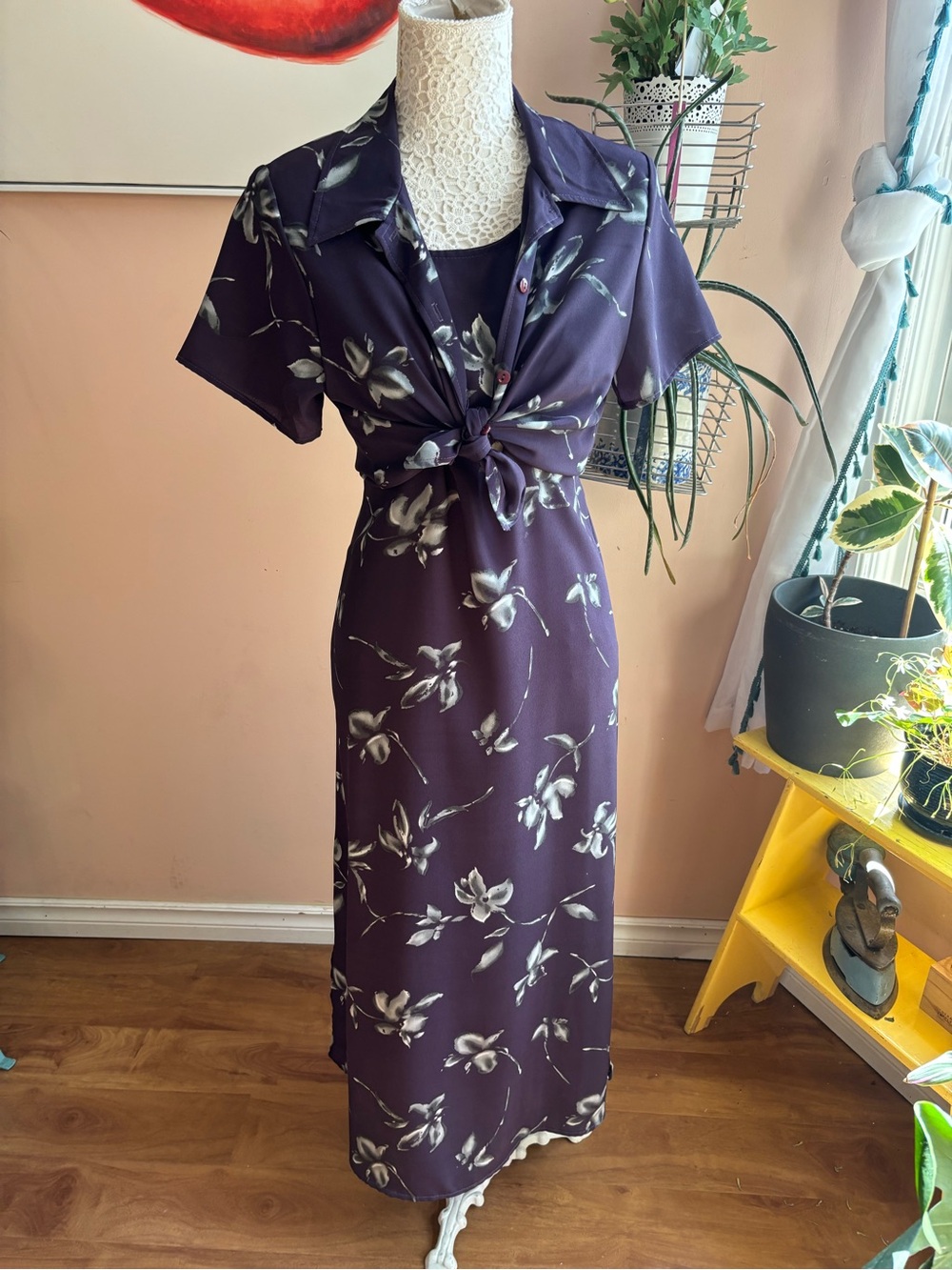 Vintage 2 piece Purple Floral Maxi Dress & cropped blouse topper